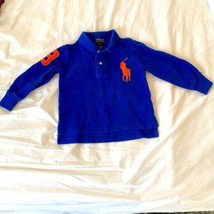 Boys long sleeved blue and orange Ralph Lauren polo shirt, 2T
